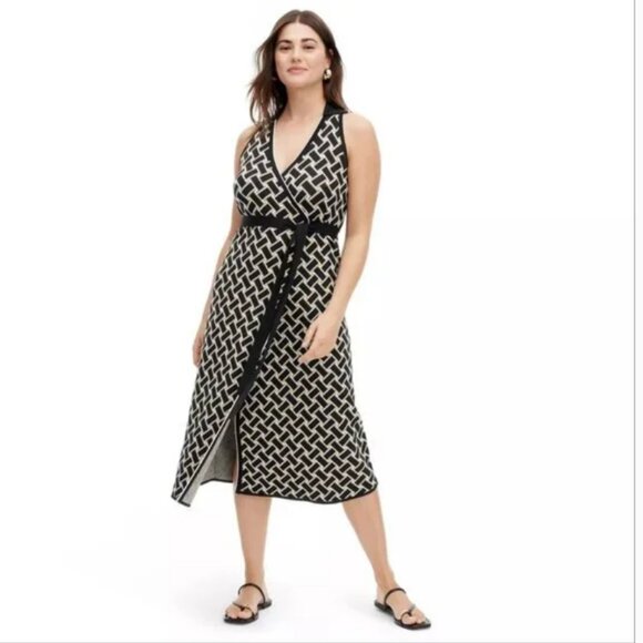 Collared Sleeveless Vintage Weave Neutral Sweaterknit Midi Wrap Dress - XXL - Picture 9 of 9